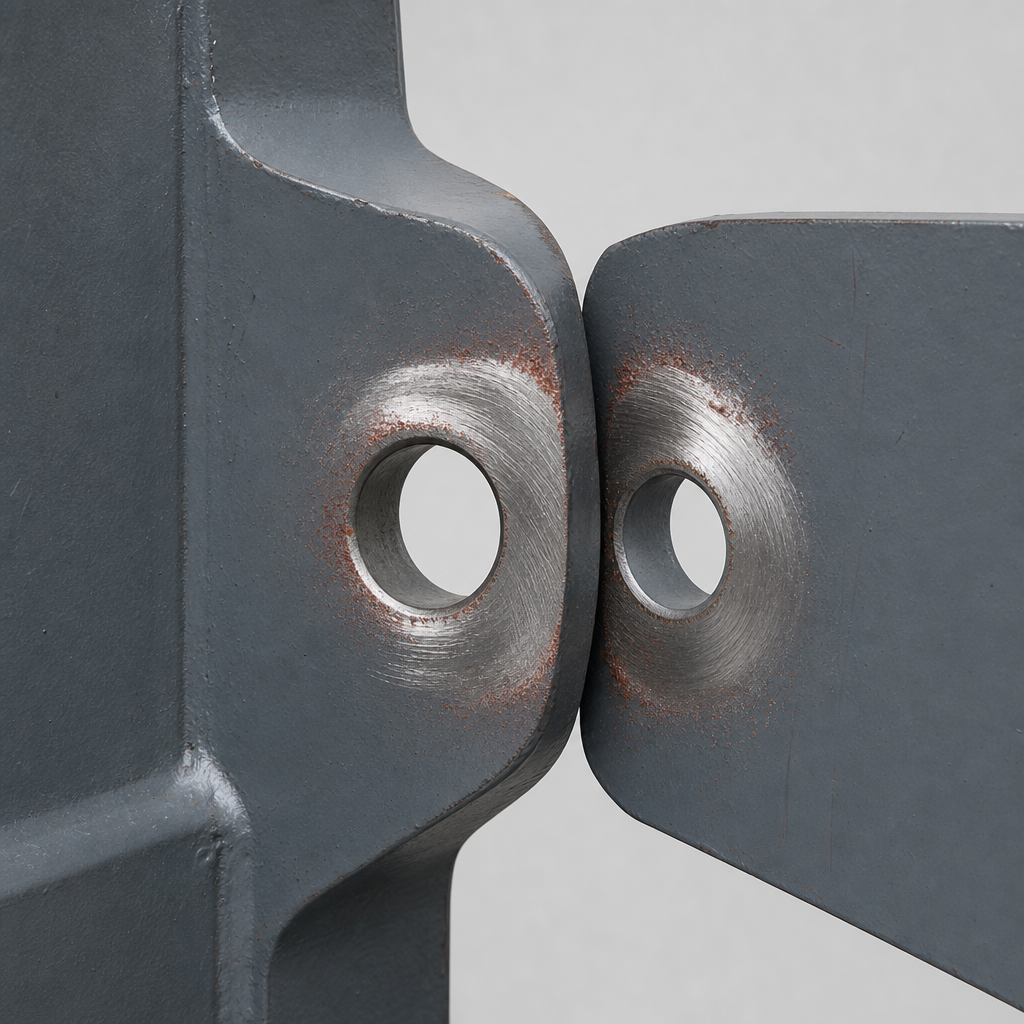 Blanke flater: blankslitt metall mellom plater eller rundt bolt viser at delene har arbeidet.