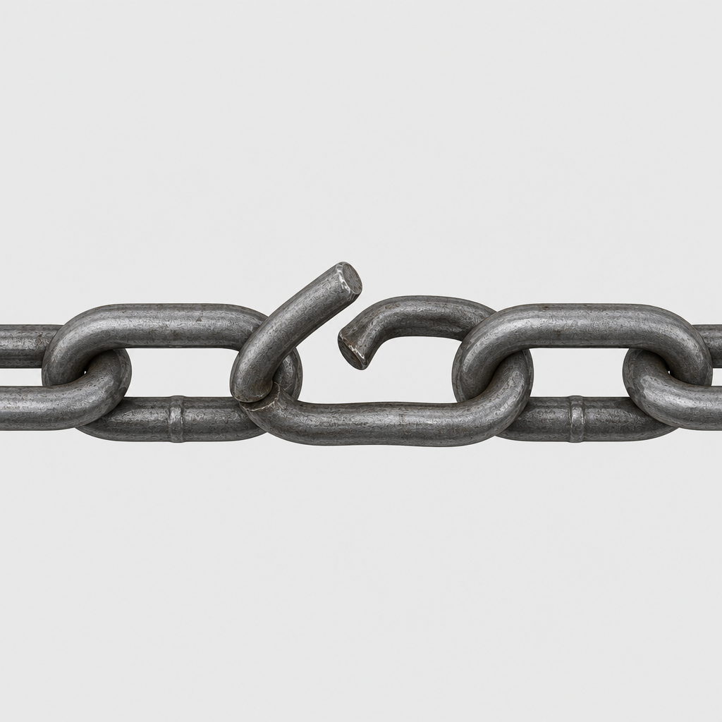 Bent or twisted link: one link no longer lies in the same plane as the rest of the chain.
