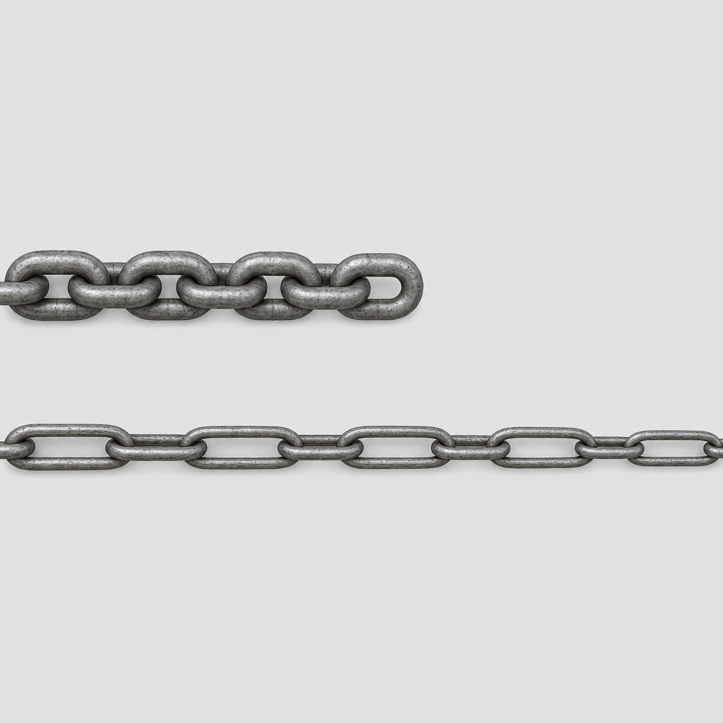 Stretched chain: the links have become longer and narrower, and the chain looks slimmer.