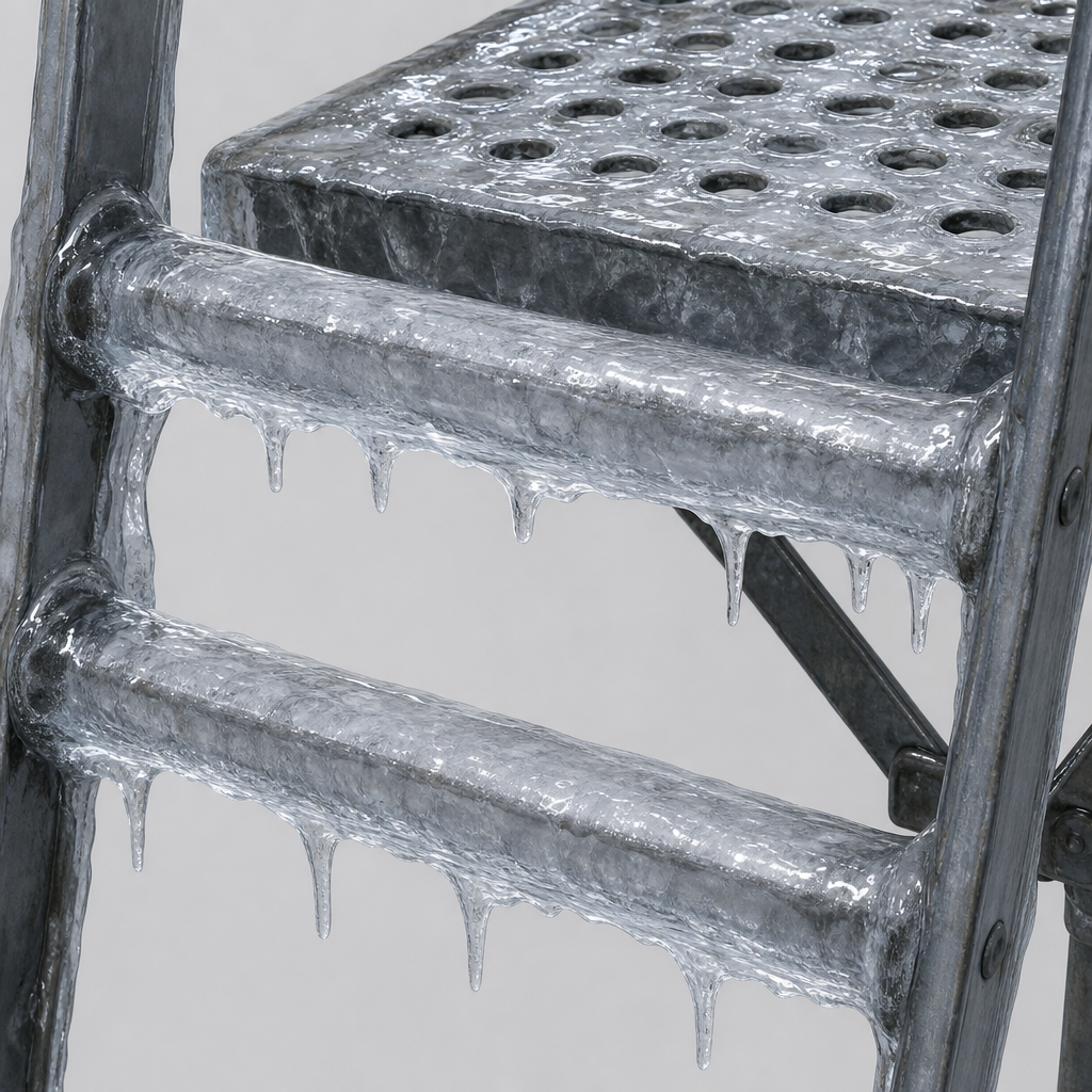 Ice on ladder and platform: where people fall. Ice over grease simply looks wet.