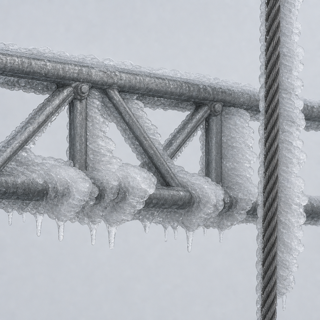 Icing on the structure: ice builds over steel and rope, adds weight, catches wind — and can release.
