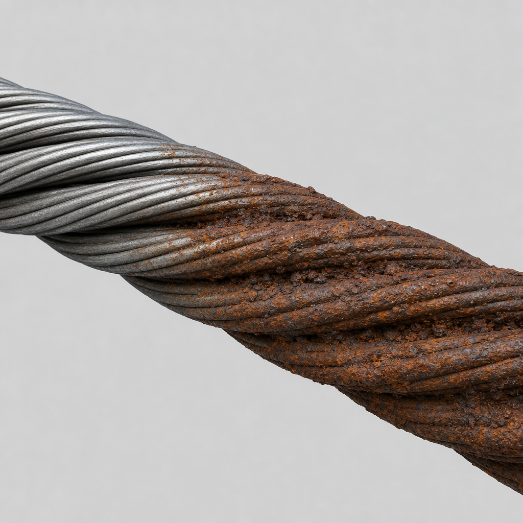 Corrosion: rust on and between the strands. Internal corrosion is the dangerous one and often shows only as discolouration.